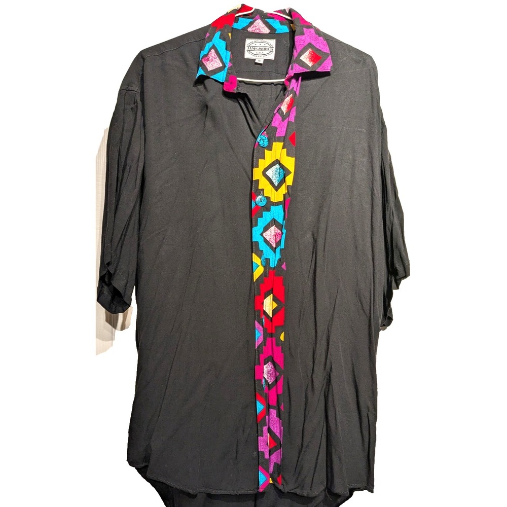 Vtg Jams World Shirt Mens Small Black Rayon Pullover Aztec Geometric 90s